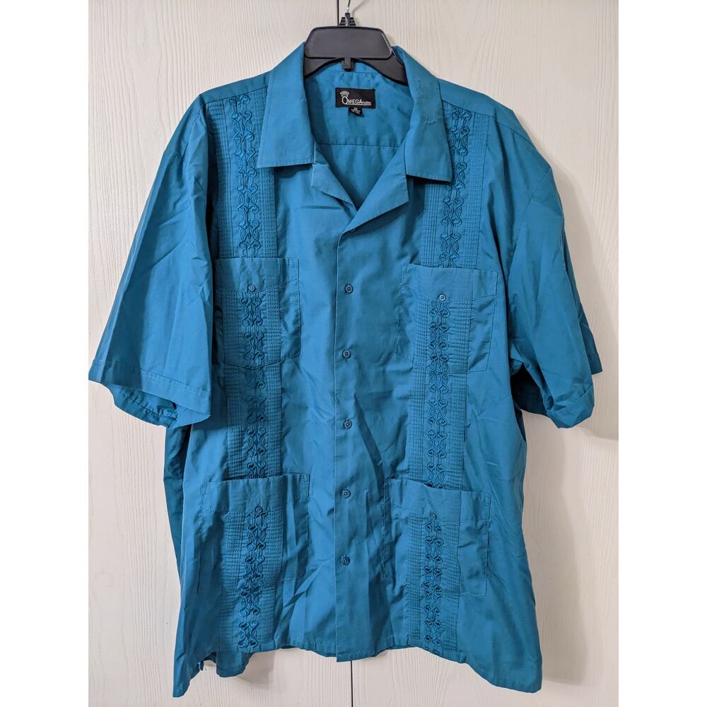 Omega Fashion Men's Short Sleeve Green Button Down Embroidered Shirt Size 3XL